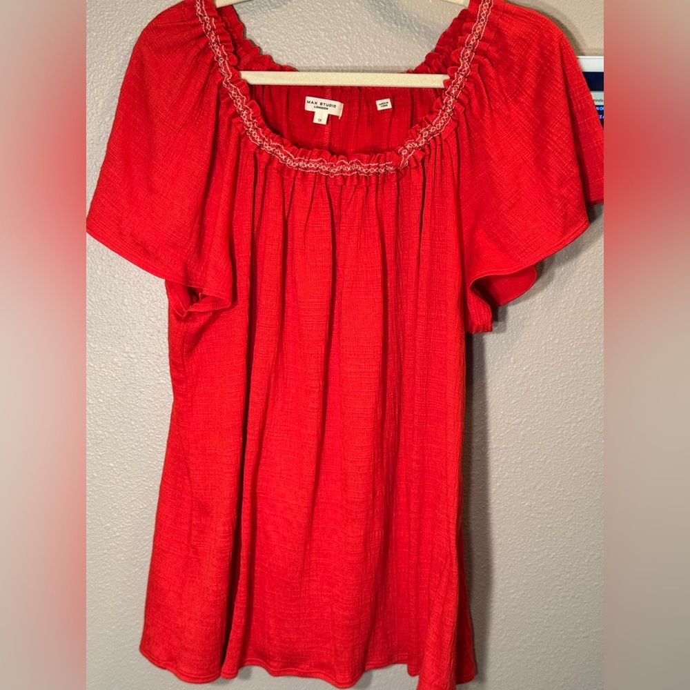 MAX STUDIO Bright Red Flutter Sleeve Peasant Top
